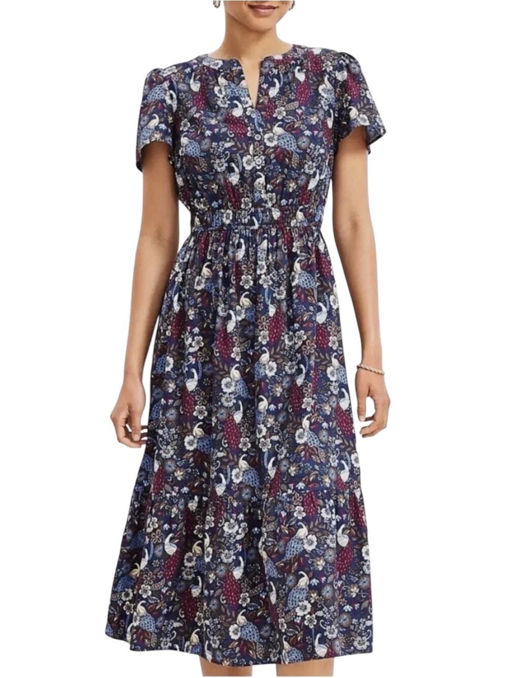 Loft Peacock Navy Blue Floral Bird Smocked Waist Cotton Modal Midi Dress Size L